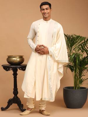 Cream Viscose Blend Kurta Pyjama Set With Dupatta 1