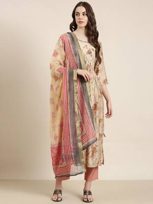 women's round neck floral beige anarkali kurta and trouser with dupatta 2