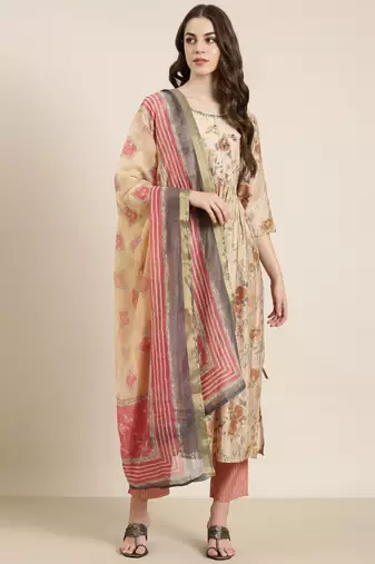 women's round neck floral beige anarkali kurta and trouser with dupatta