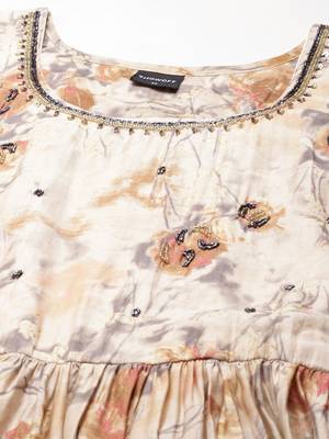 women's round neck floral beige anarkali kurta and trouser with dupatta 3