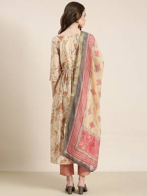 women's round neck floral beige anarkali kurta and trouser with dupatta 4