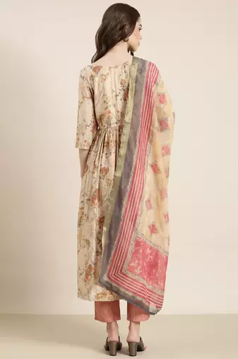 women's round neck floral beige anarkali kurta and trouser with dupatta