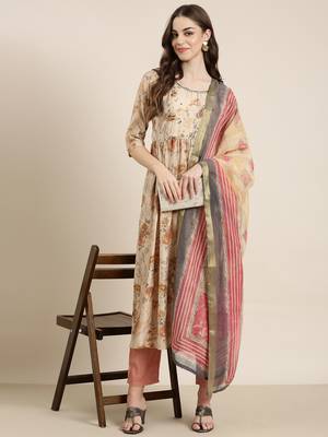 women's round neck floral beige anarkali kurta and trouser with dupatta 5
