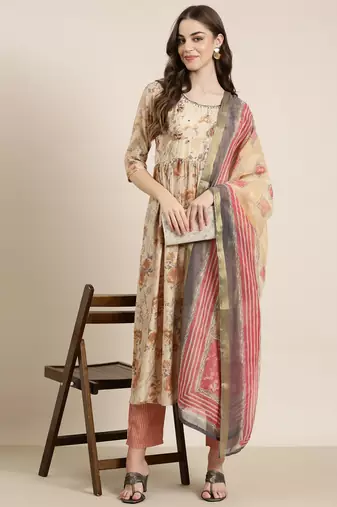 women's round neck floral beige anarkali kurta and trouser with dupatta
