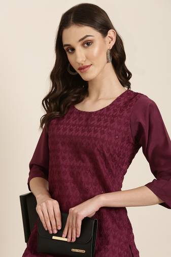women's round neck textured chikankari violet straight kurta and trouser