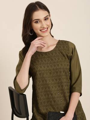women's round neck textured chikankari olive straight kurta and trouser 1