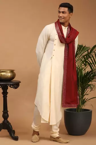 Cream Viscose Blend Kurta Pyjama Set With Dupatta