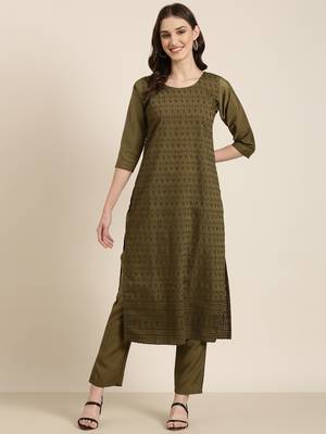women's round neck textured chikankari olive straight kurta and trouser 2