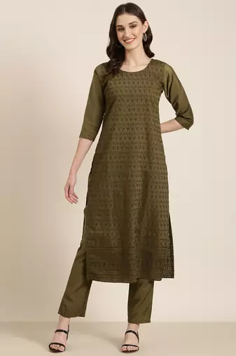 women's round neck textured chikankari olive straight kurta and trouser