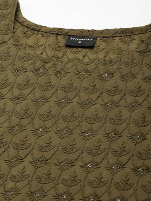 women's round neck textured chikankari olive straight kurta and trouser 3