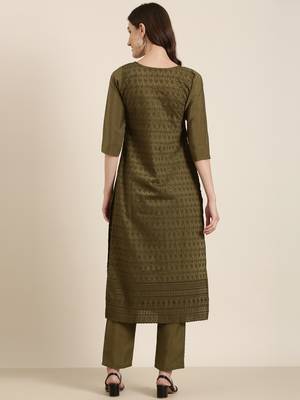 women's round neck textured chikankari olive straight kurta and trouser 4