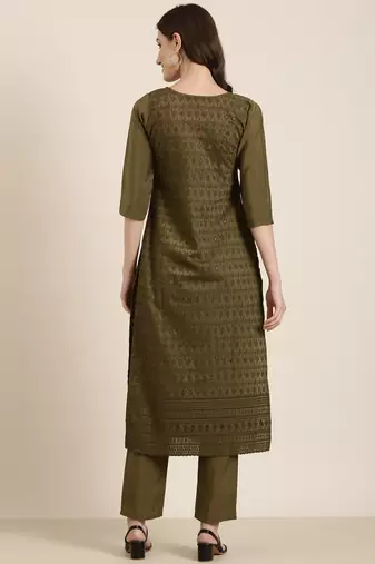 women's round neck textured chikankari olive straight kurta and trouser