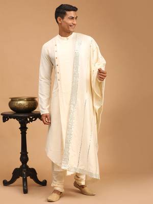 Cream Viscose Blend Kurta Pyjama Set With Dupatta 1