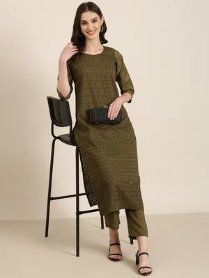 women's round neck textured chikankari olive straight kurta and trouser 5