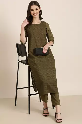 women's round neck textured chikankari olive straight kurta and trouser