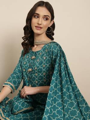 women's round neck geometric teal straight kurta and palazzos with dupatta 1