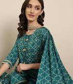 women's round neck geometric teal straight kurta and palazzos with dupatta
