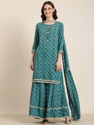 women's round neck geometric teal straight kurta and palazzos with dupatta 2