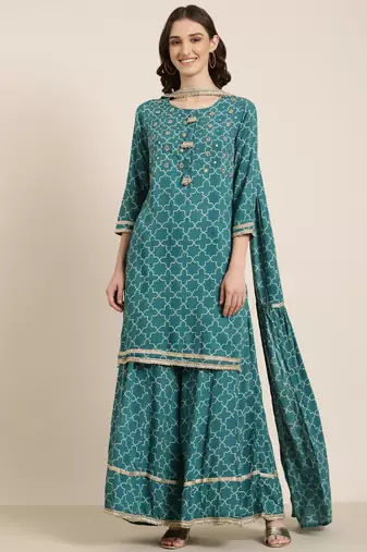 women's round neck geometric teal straight kurta and palazzos with dupatta