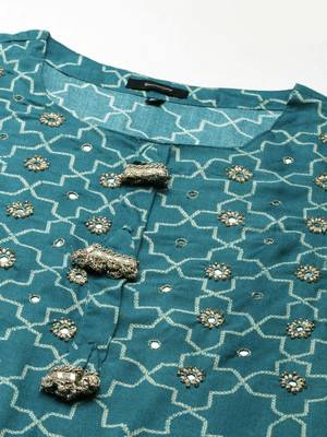 women's round neck geometric teal straight kurta and palazzos with dupatta 3