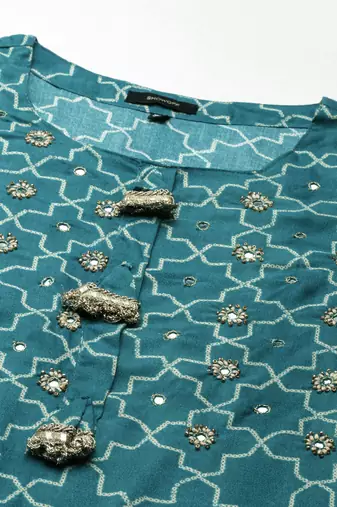 women's round neck geometric teal straight kurta and palazzos with dupatta