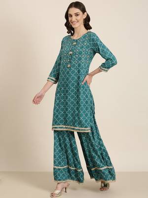 women's round neck geometric teal straight kurta and palazzos with dupatta 4
