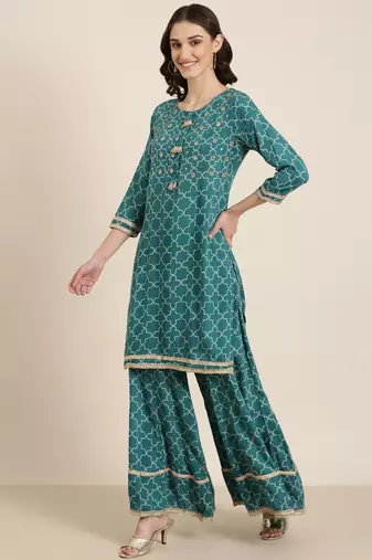 women's round neck geometric teal straight kurta and palazzos with dupatta