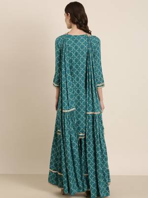 women's round neck geometric teal straight kurta and palazzos with dupatta 5