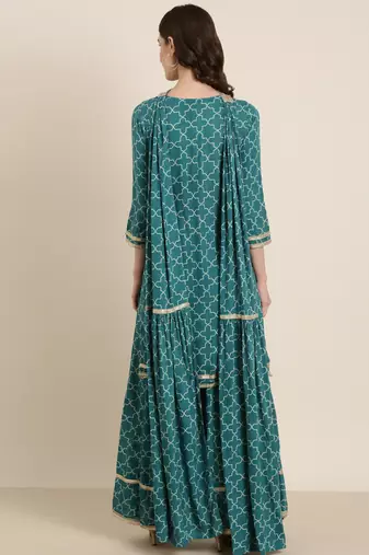 women's round neck geometric teal straight kurta and palazzos with dupatta