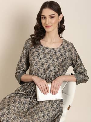 women's round neck ethnic motifs foil print grey anarkali kurta and trouser 1
