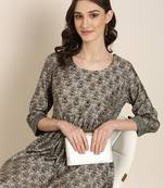 women's round neck ethnic motifs foil print grey anarkali kurta and trouser