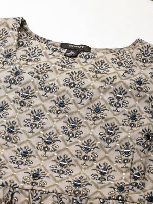 women's round neck ethnic motifs foil print grey anarkali kurta and trouser 3