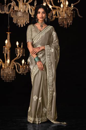 Light brown colour tissue silk embroidered saree online