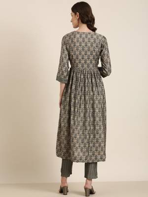 women's round neck ethnic motifs foil print grey anarkali kurta and trouser 5