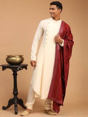 Cream Viscose Blend Kurta Pyjama Set With Dupatta 2