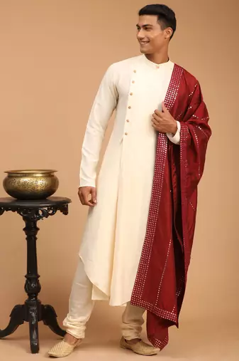Cream Viscose Blend Kurta Pyjama Set With Dupatta