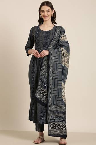 women's round neck bandhani navy blue anarkali kurta and trouser with dupatta