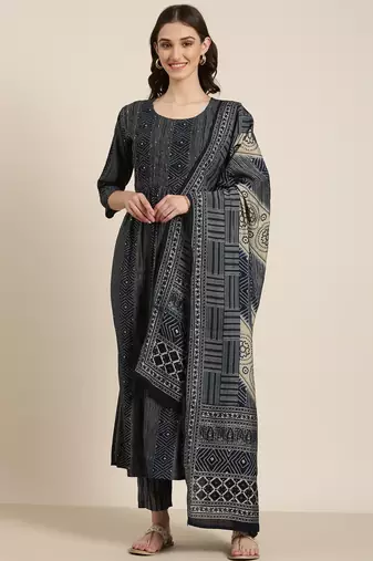 women's round neck bandhani navy blue anarkali kurta and trouser with dupatta