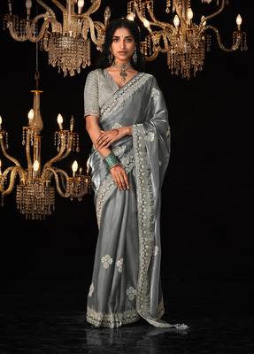 Grey colour tissue silk embroidered saree 1