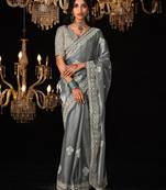 Grey colour tissue silk embroidered saree online