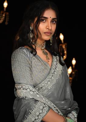 Grey colour tissue silk embroidered saree 2
