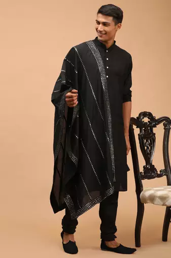 Black Viscose Kurta, Pyjama & Dupatta Set