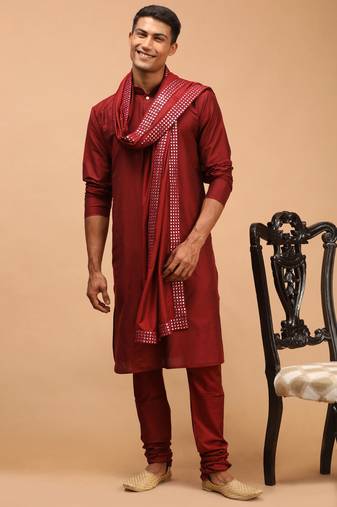 Men'S Maroon Viscose Kurta, Pyjama & Dupatta Set