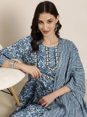 women's round neck floral blue anarkali kurta and trouser with dupatta 1