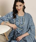 women's round neck floral blue anarkali kurta and trouser with dupatta