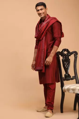 Maroon Viscose Kurta, Pyjama & Dupatta Set