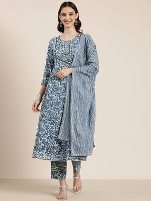 women's round neck floral blue anarkali kurta and trouser with dupatta 2