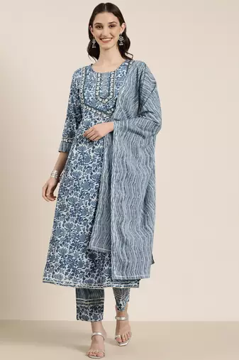women's round neck floral blue anarkali kurta and trouser with dupatta