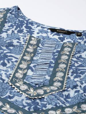 women's round neck floral blue anarkali kurta and trouser with dupatta 3