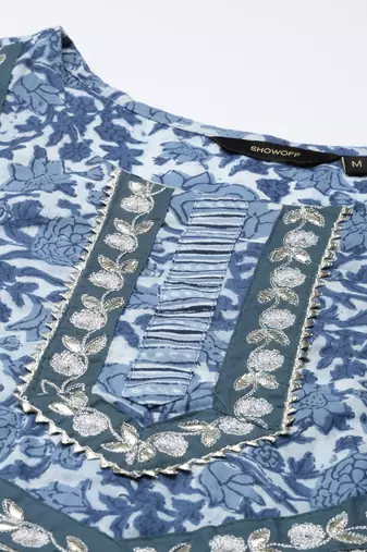 women's round neck floral blue anarkali kurta and trouser with dupatta